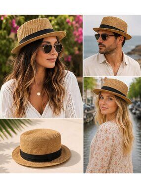 FURTALK Straw Boater Hat M/L Tan Paper Braid Sun Hat w/ Black Ribbon Unisex s-l400.jpg main image 2